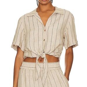 Sanctuary Beige Striped Button-Down Tie-Front Top